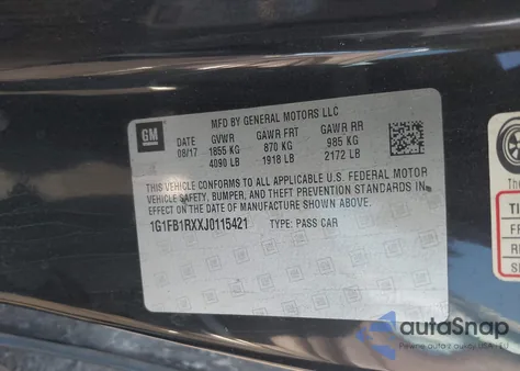 2018 Chevrolet Camaro 1Lt из США, поврежденный, VIN 1G1FB1RXXJ0115421